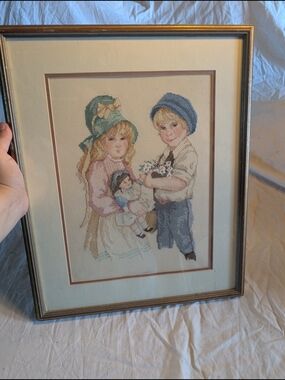 2/60$ Vintage Pink and Blue Children Cross-Stitch Wall Art